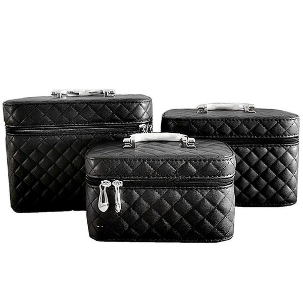 Quilted Vegan Leather 3 Pieces Makeup Case set showcasing stylish organization for women's trendy tops and accessories.