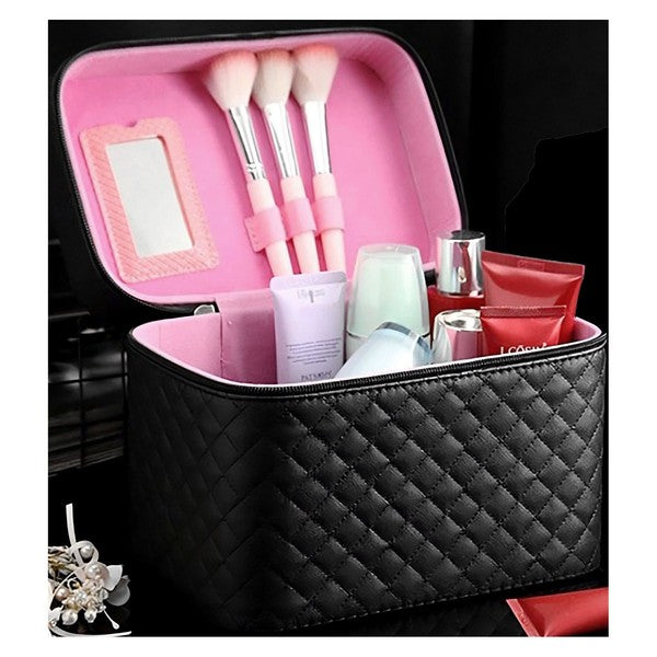 Quilted Vegan Leather 3 Pieces Makeup Case with brushes and cosmetics, stylish women’s fashion accessory for ladies.