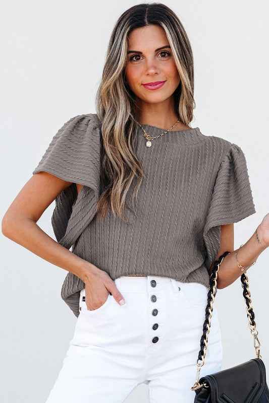 Solid Color Textured Flutter Sleeve Top from women's boutique