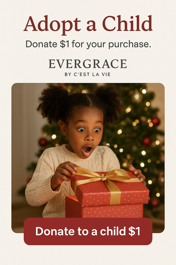 Child opening a gift with text about adopting a child and donating to Evergrace by C'est La Vie.