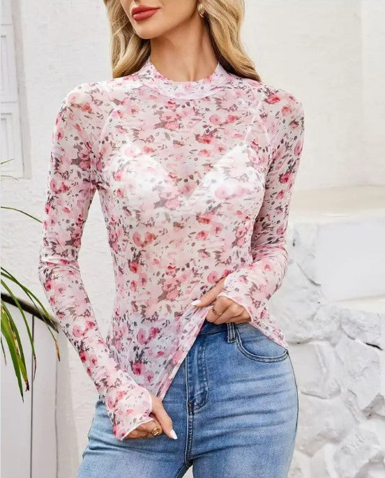Mesh Printed Long Sleeve floral blouse for women’s boutique