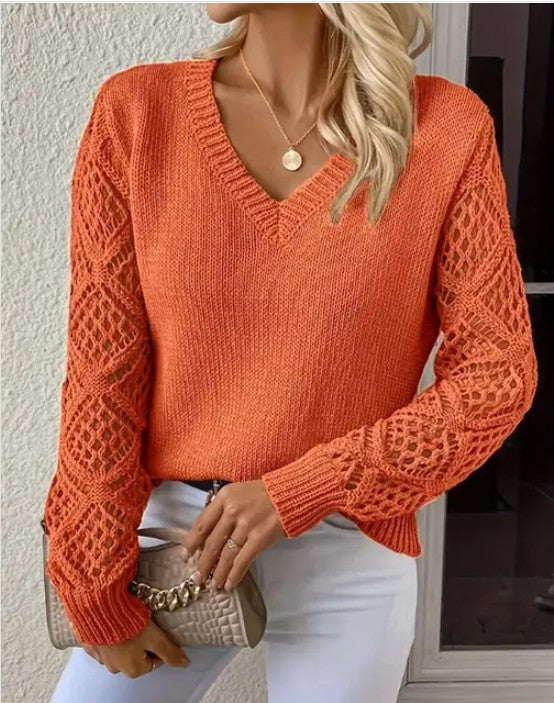 Women’s Long Sleeve Hollow Knitted Sweater in orange