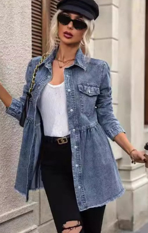 Long sleeve denim button front top for women's boutique fashion