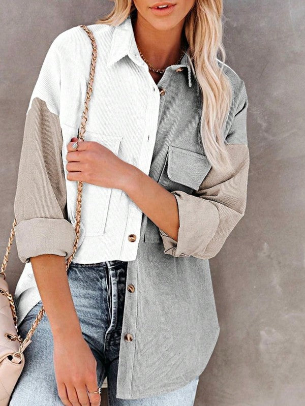 Corduroy Boho Patch Button Shirt Shacket for women's boutique
