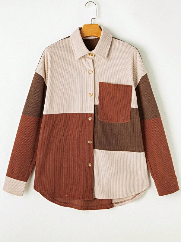 Corduroy Boho Patch Button Shirt Shacket from women’s boutique
