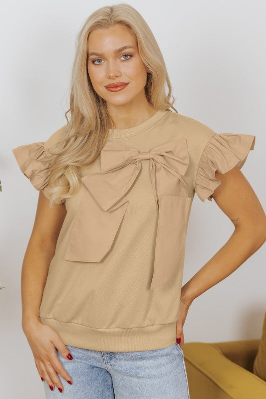 Parchment Two Tones Ribbon Bow Ruffle Sleeve Top for women’s boutique