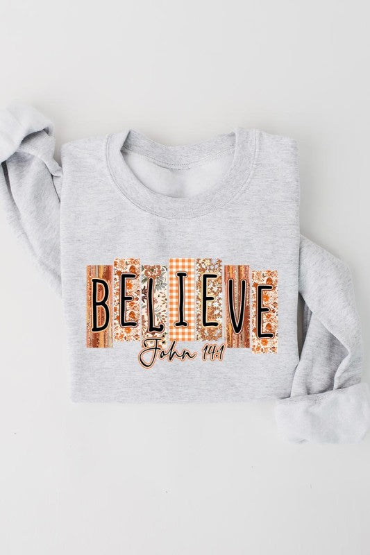 Believe Fall Christian Graphic Sweatshirt in gray, perfect for women’s boutique and modern women’s fashion.