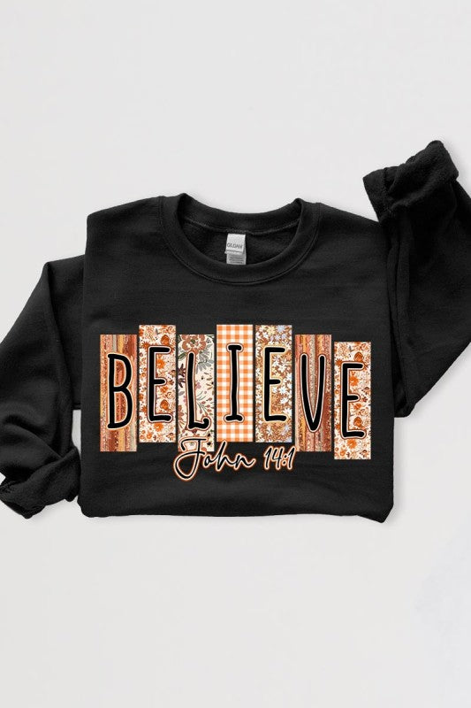 Believe Fall Christian Graphic Sweatshirt in stylish black, perfect for women’s boutique and seasonal fashion.