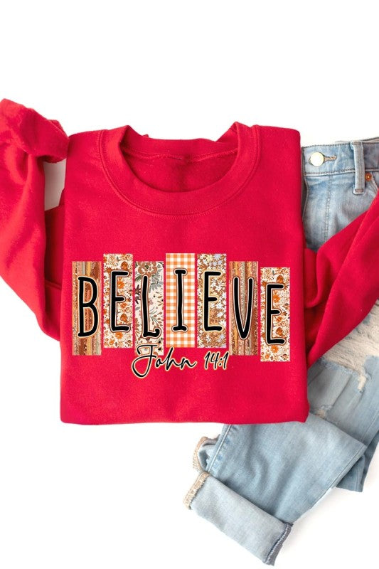 Believe Fall Christian Graphic Sweatshirt in red, ideal for women's boutique, trendy ladies fashion, and seasonal women's clothing.