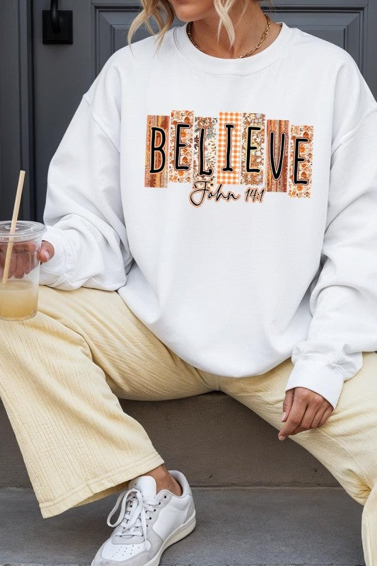 Believe Fall Christian Graphic Sweatshirt for women’s boutique stylish comfort and layered look, ideal for casual and event wear.