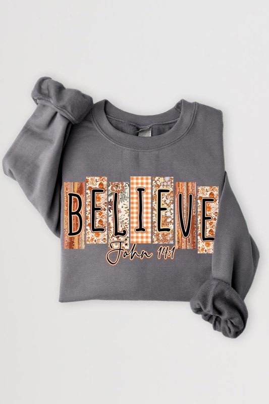 Believe Fall Christian Graphic Sweatshirt for women’s boutique casual wear in stylish gray with inspirational design.