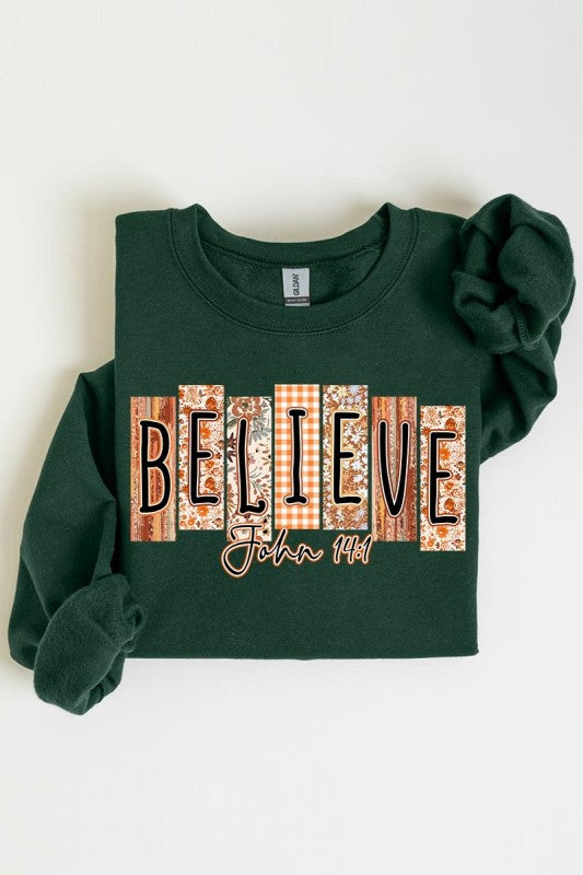 Believe Fall Christian Graphic Sweatshirt, stylish women’s clothing from a women’s boutique, perfect for casual wear and events.