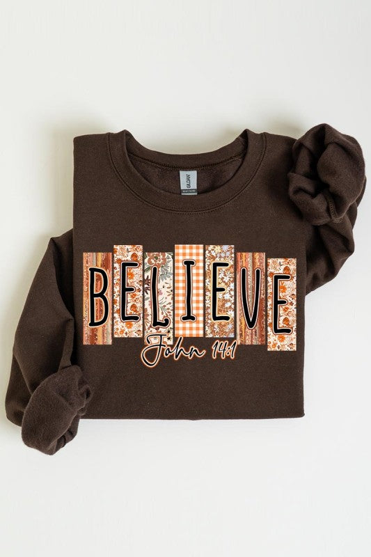 Believe Fall Christian Graphic Sweatshirt, stylish women's sweatshirt from a women's boutique, perfect for fall fashion.