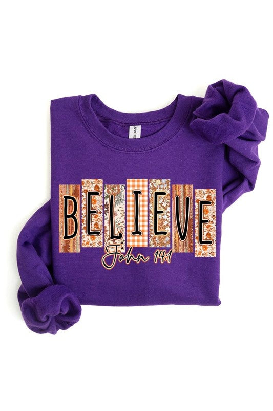 Believe Fall Christian Graphic Sweatshirt in purple, stylish women’s clothing from a women’s boutique.