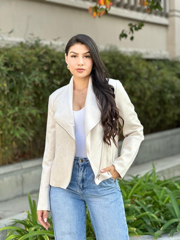 Suede Women's Biker Zip Up Jacket with Pockets in cream