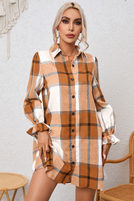 Plaid Collared Neck Ruffled Sleeve Shirt Dress for women’s fashion boutique