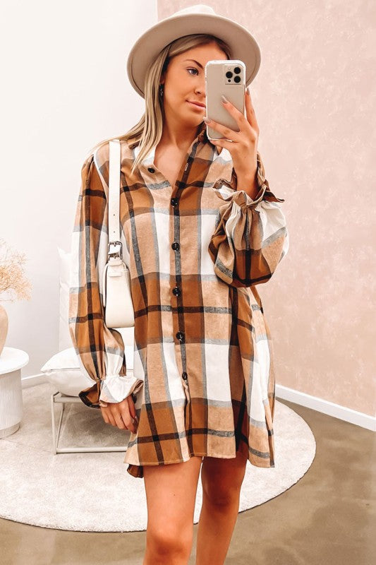 Plaid Collared Neck Ruffled Sleeve Shirt Dress in brown plaid for women’s boutique style.
