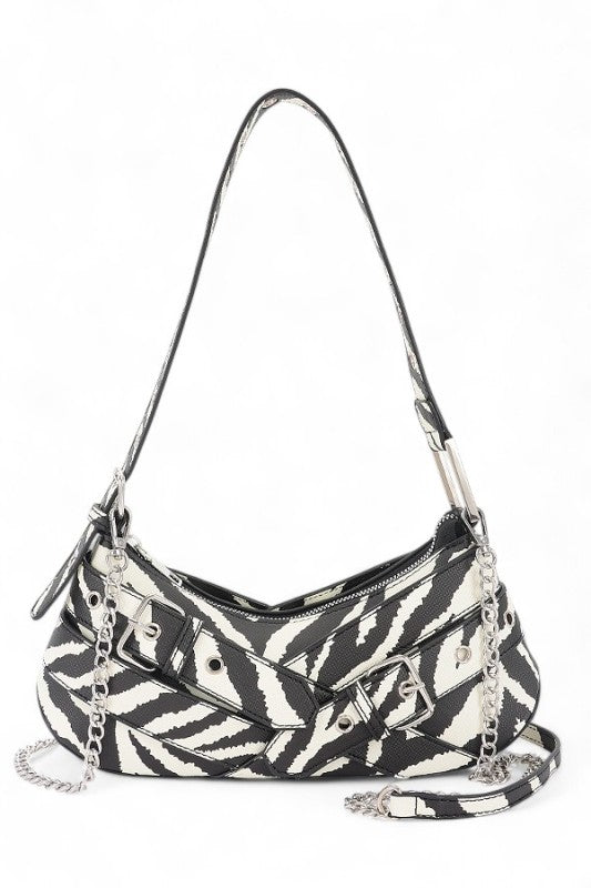 Zebra Animal Print Multi Buckle Y2K Shoulder Bag from a women’s boutique, stylish design for women’s fashion and everyday use.