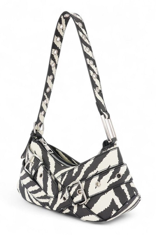 Zebra Animal Print Multi Buckle Y2K Shoulder Bag, stylish addition to any women’s boutique offering trendy women’s clothing.