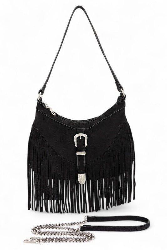 Western Buckle Faux Suede Fringe Bag perfect for women’s boutique, trendy women’s clothing, and stylish women’s dresses.
