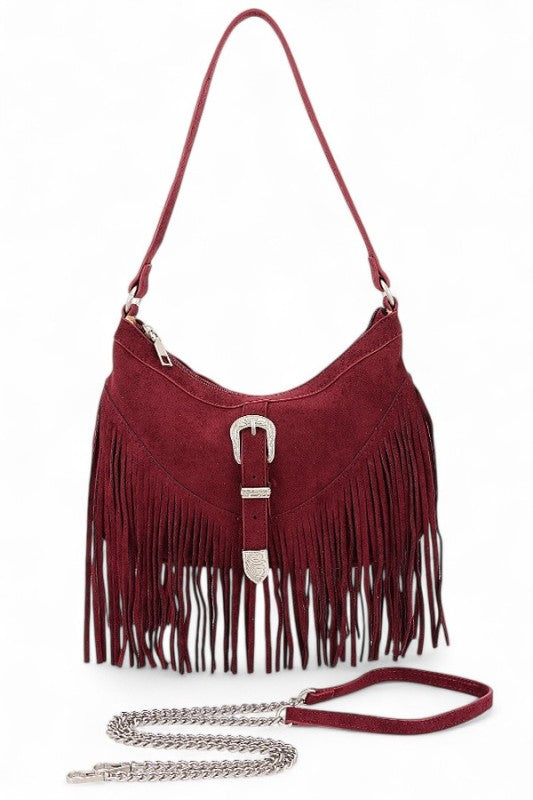 Western Buckle Faux Suede Fringe Bag in burgundy, perfect for women’s boutique stylish outfits and ladies fashion events.