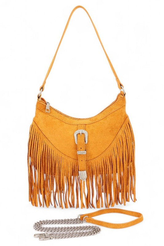 Western Buckle Faux Suede Fringe Bag in striking yellow with fringe, ideal for women’s fashion and trendy casual dresses.
