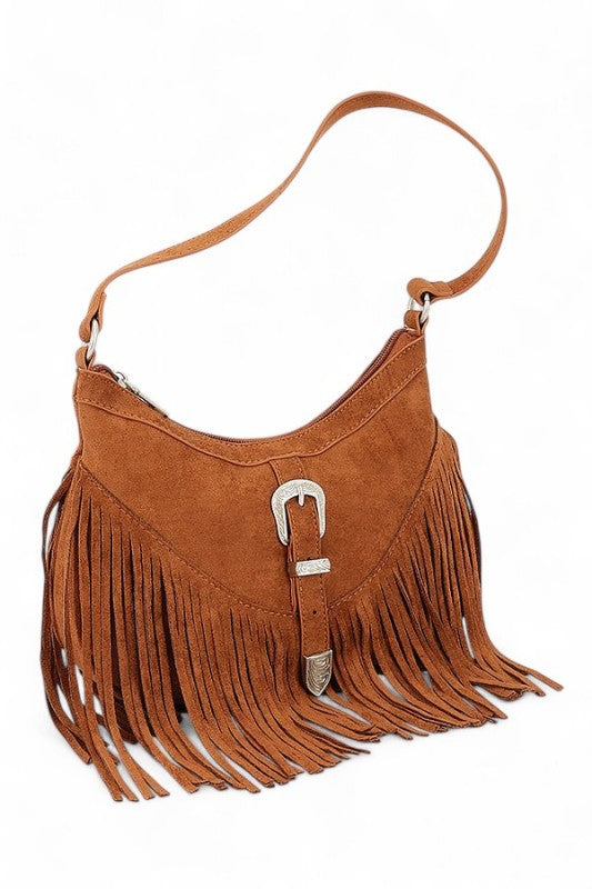 Western Buckle Faux Suede Fringe Bag in brown, perfect for trendy women's clothing and ladies fashion at a women's boutique.