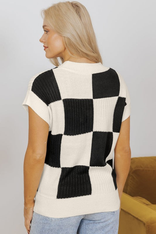 Checker Colorblock Crewneck Short Sleeve Sweater, women's boutique style.