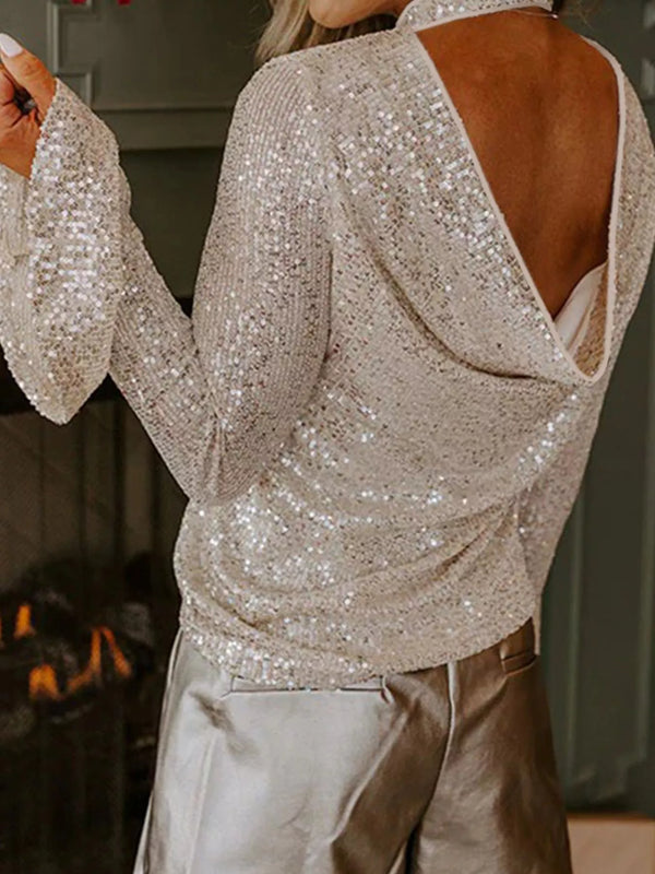 Elegant Sequin Mock Neck Bell Sleeve Top for women, perfect for trendy ladies fashion and events at a women’s boutique.