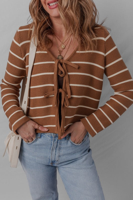 Stripe Tie-Front V-Neck Cardigan Sweater in stripes, perfect for women's boutique and trendy ladies fashion.