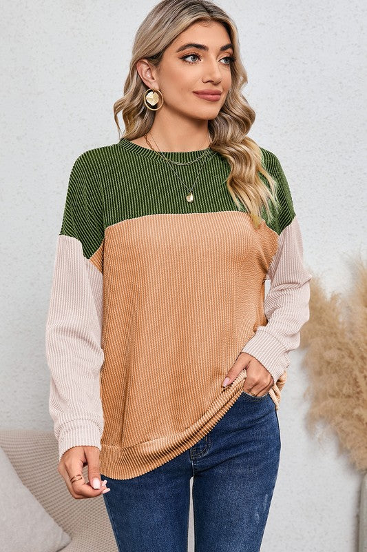 Ribbed color block tunic top at women's boutique, green and beige.