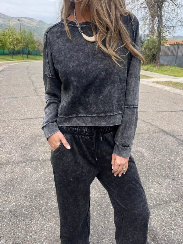 Full Size Washed Round Neck Top and Drawstring Pants Set Plus Size, trendy women's clothing from a women's boutique.