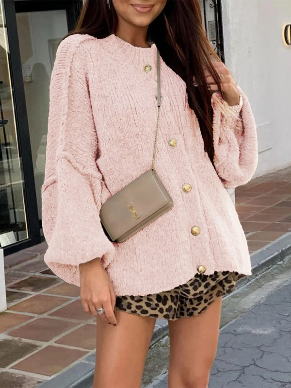 Oversized Knit Button-Down Batwing Sleeve Cardigan in pink worn by a model, perfect for women’s boutique and women’s clothing.