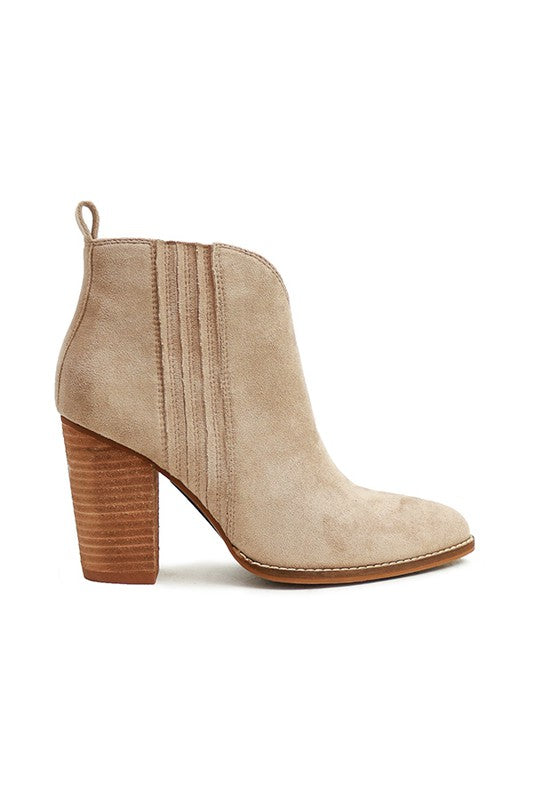 JACKIE-28-CASUAL ANKLE BOOTIES in beige suede with a 3.5 inch heel, perfect for women’s fashion and trendy ladies casual dresses.