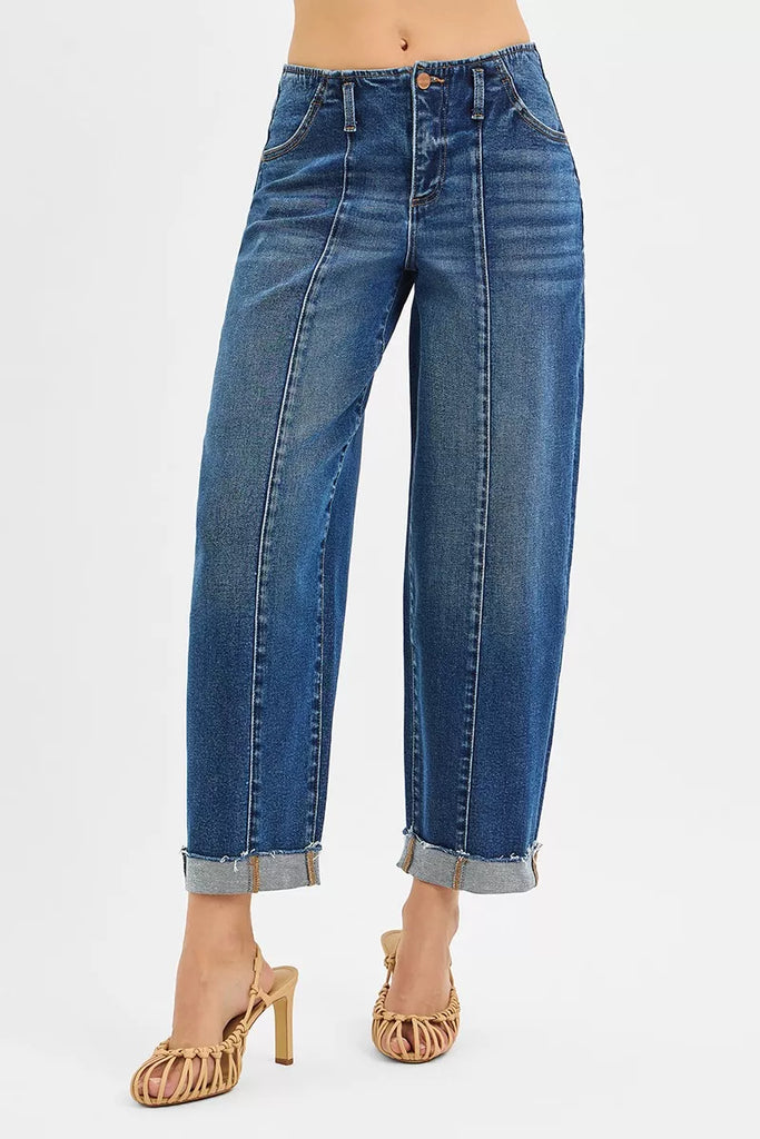 RISEN High Rise Fit Barrel Cuffed Jeans - trendy women’s clothing for casual or elegant looks.