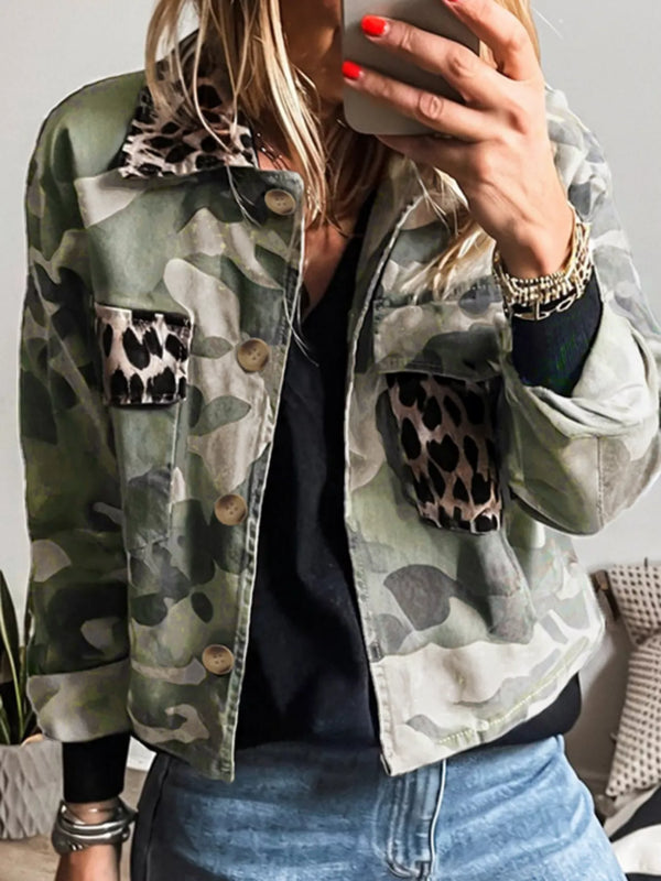 Camo Print Leopard Trim Button Up Jacket showcasing stylish women’s clothing from a women’s boutique.