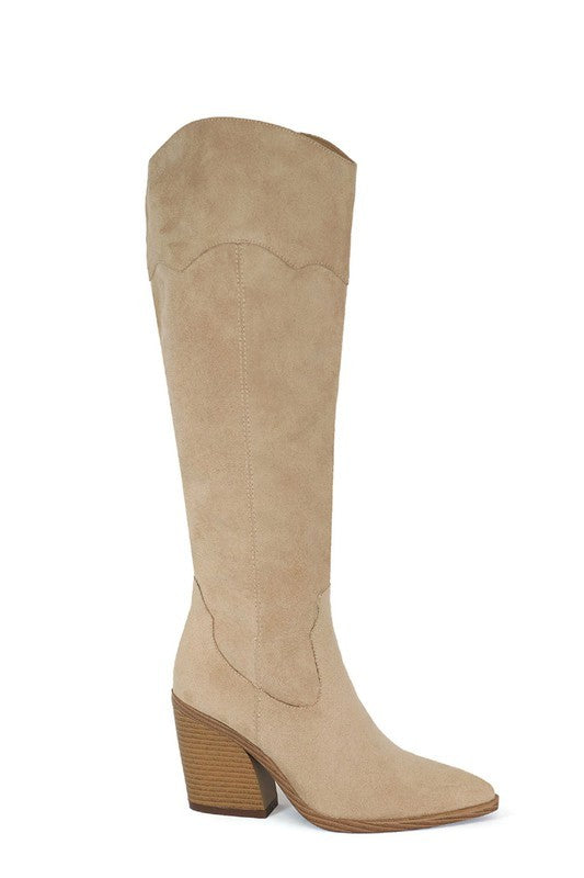 HIGH POINTED BOOTS FOR WOMEN WITH HEEL in beige with a stylish design for women's casual and elegant dresses.