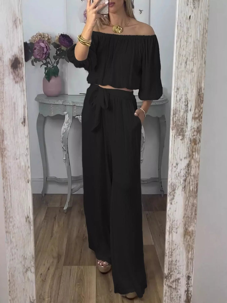 Full Size Off-Shoulder Top and Pants in all sizes including  Set Plus Size, elegant and trendy outfit for women's boutique.