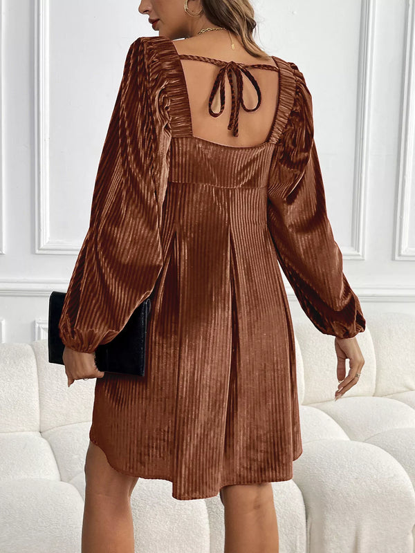 Velvet Square Neck Long Sleeve Dress in rich brown, showcasing elegant design perfect for women’s boutique and trendy ladies dresses.