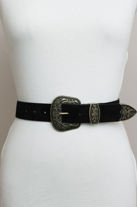 Suede Antique Gold Western Buckle Belt showcased on a mannequin, perfect for women's boutique fashion and stylish outfits.