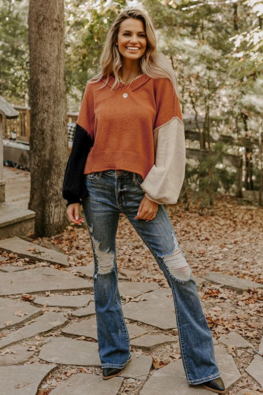 Colorblock Raw Edge Bubble Sleeve V-Neck Sweater in women’s boutique