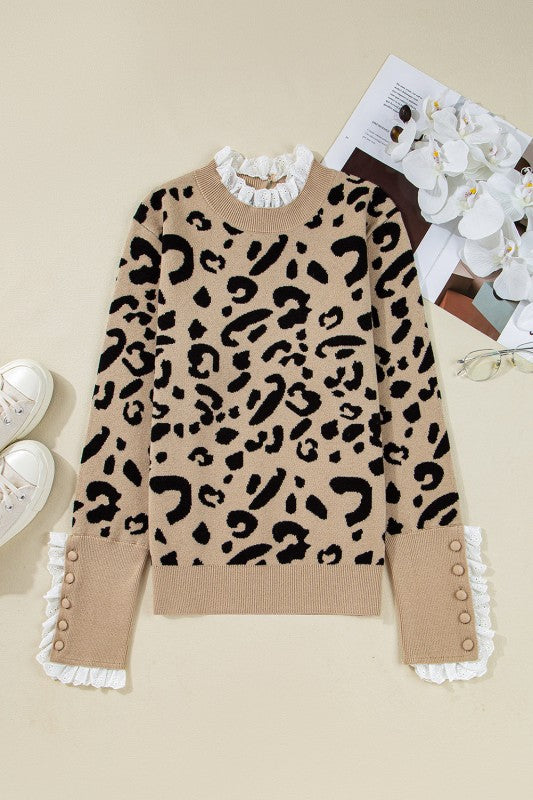 Leopard Lace Ribbed Trim Buttoned Cuff Sweater for women’s boutique
