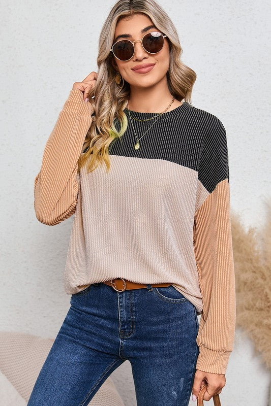 Ribbed color block tunic top for women’s boutique fashion