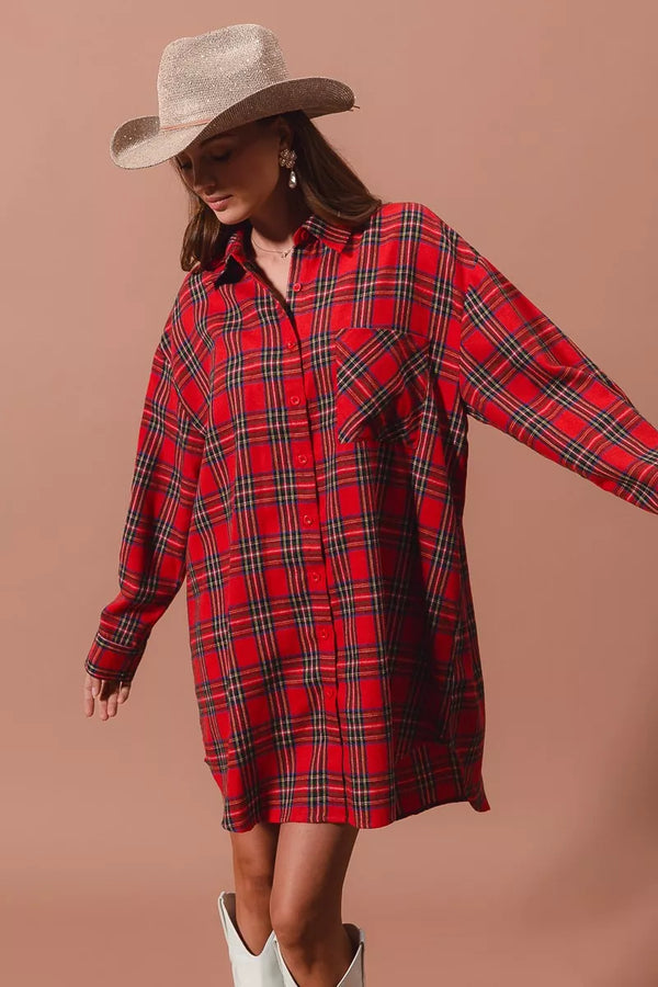 SO ME Christmas Checker Plaid Button Up Shirt Dress in red plaid, perfect for women's boutique holiday fashion.