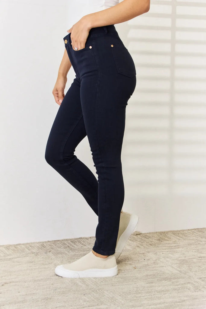 Judy Blue Full Size Garment Dyed Tummy Control Skinny Jeans styled for women’s fashion and trendy women’s clothing.