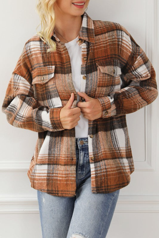 Plaid Flap Chest Pockets Shacket from women’s boutique