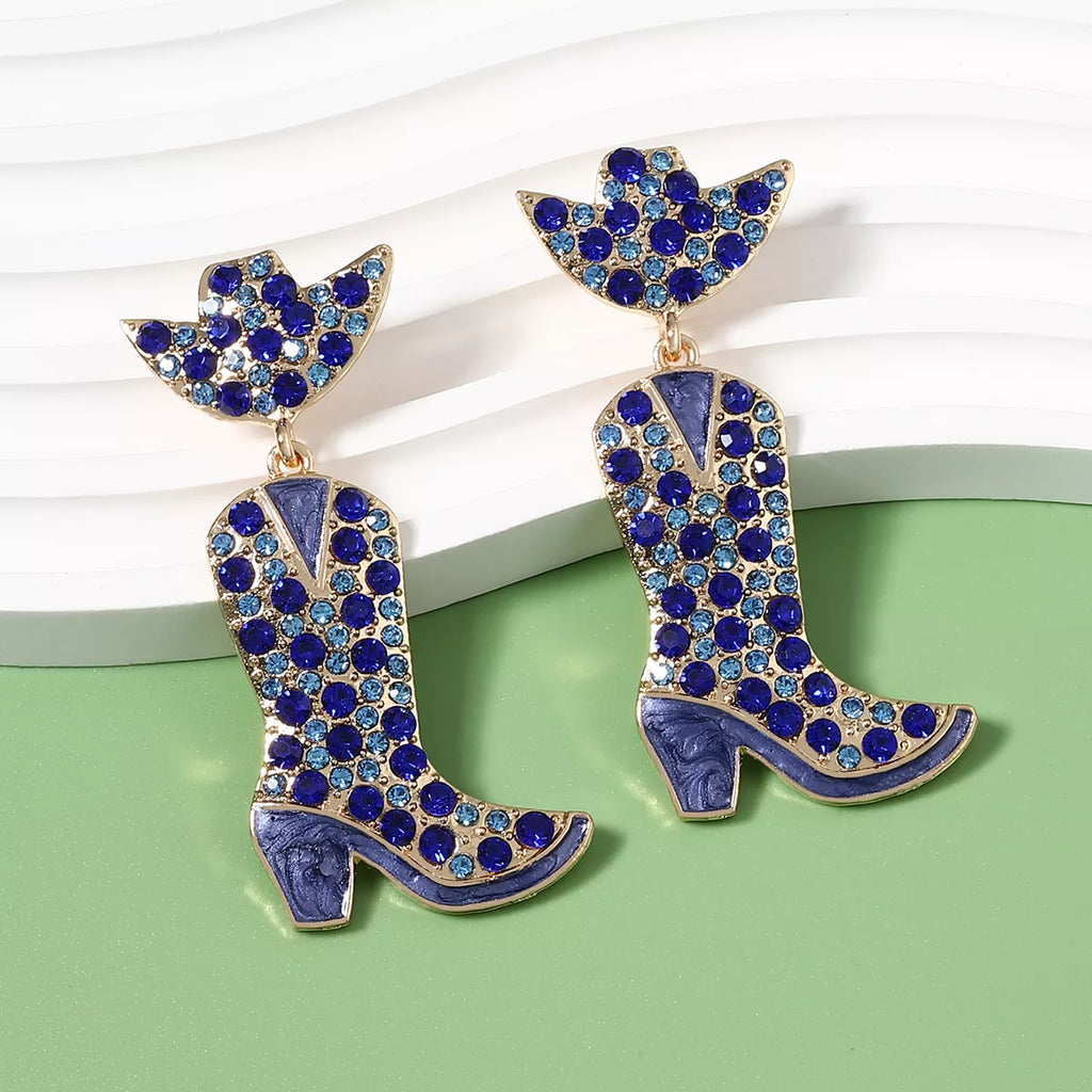 Rhinestone Cowboy Boot Dangle Earrings showcasing blue rhinestones, perfect for ladies fashion and trendy women's clothing.