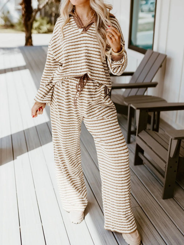 Stripe Collared Top and Drawstring Pant Set in elegant stripes, perfect for women's casual dress from a women's boutique.