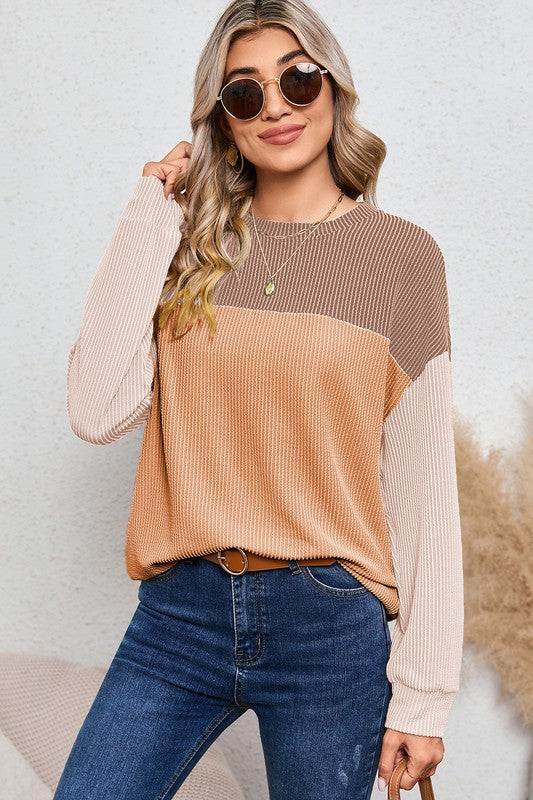Ribbed color block tunic top for women's boutique fashion.