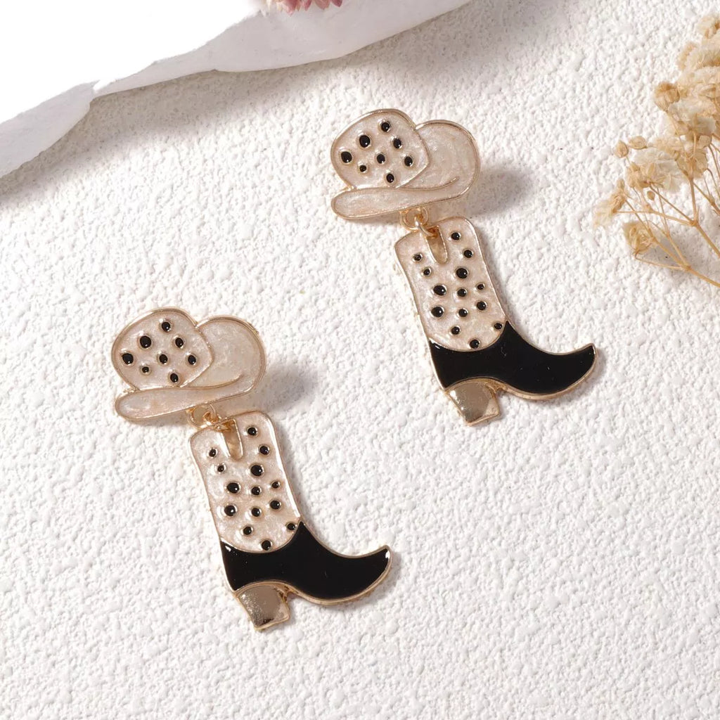 Stylish Cowgirl Boot and Hat Dangle Earrings for women’s fashion from a boutique, perfect for trendy outfits.